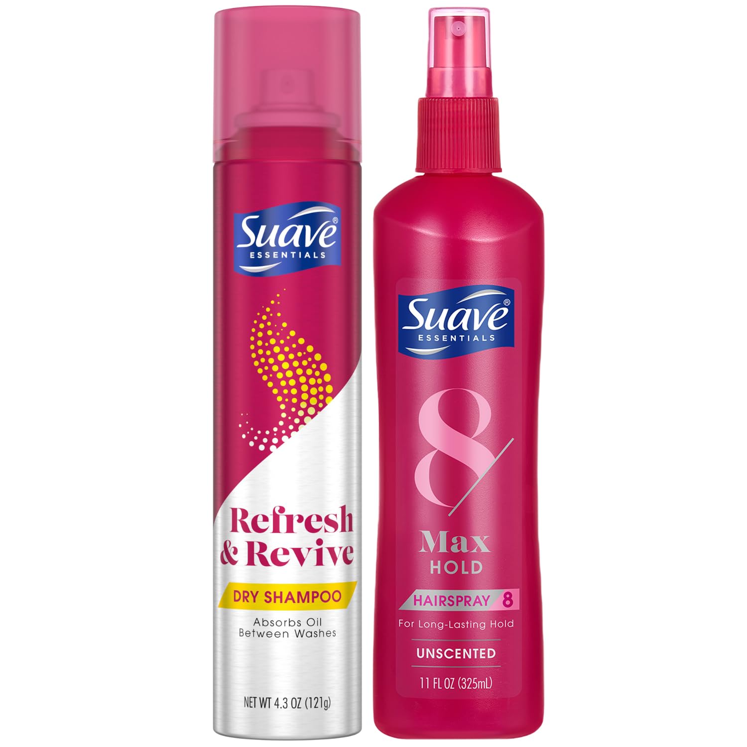Suave Essentials Hair Care Bundle - Refresh & Revive Dry Shampoo, Max Hold Hold Hairspray, Non-Aerosol (2 Piece Set)  
S