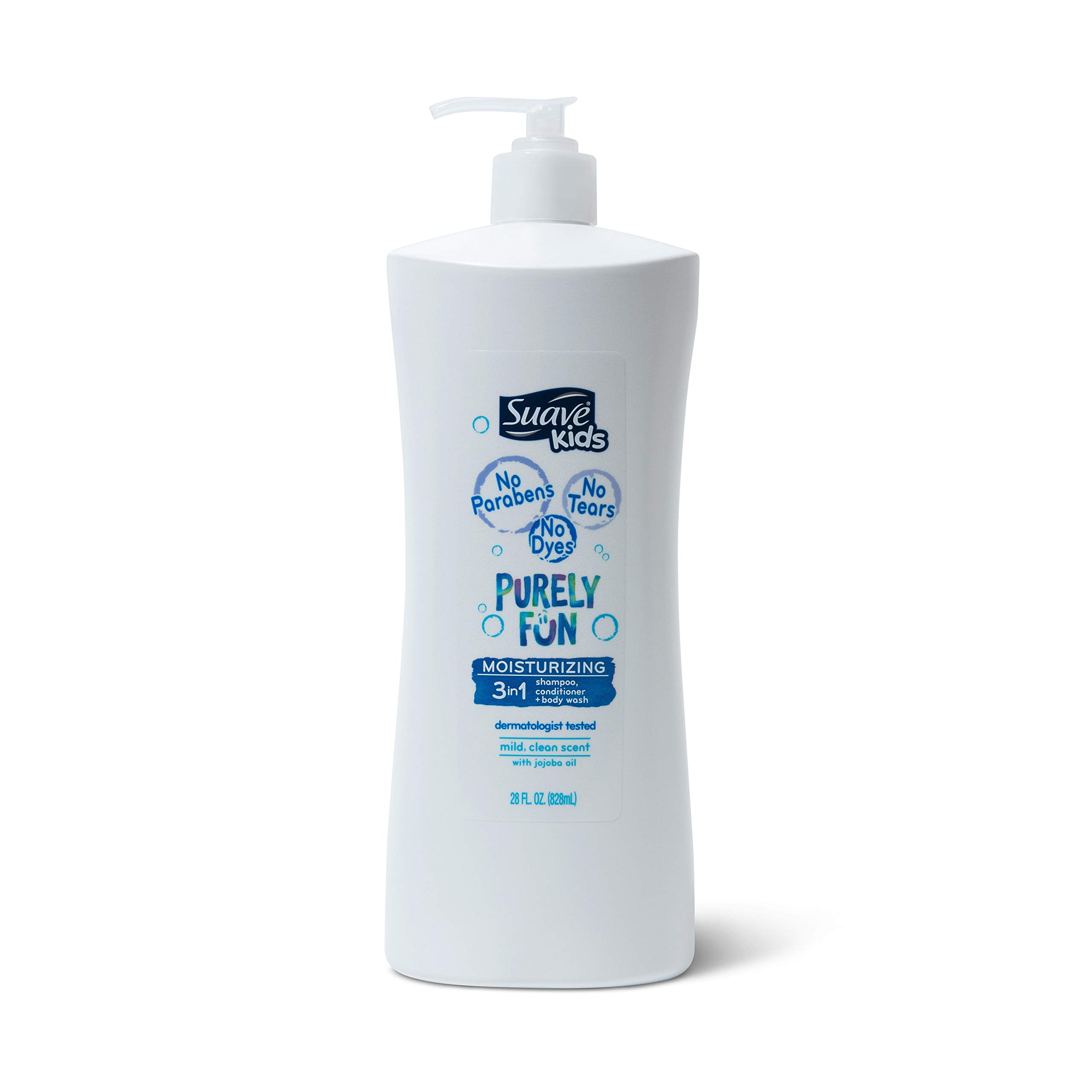 Suave Kids 3-in-1 Shampoo Conditioner and Body Wash Purely Fun for Kids 28 Ounce Sherotic for Baby Bath Time and Everyda
