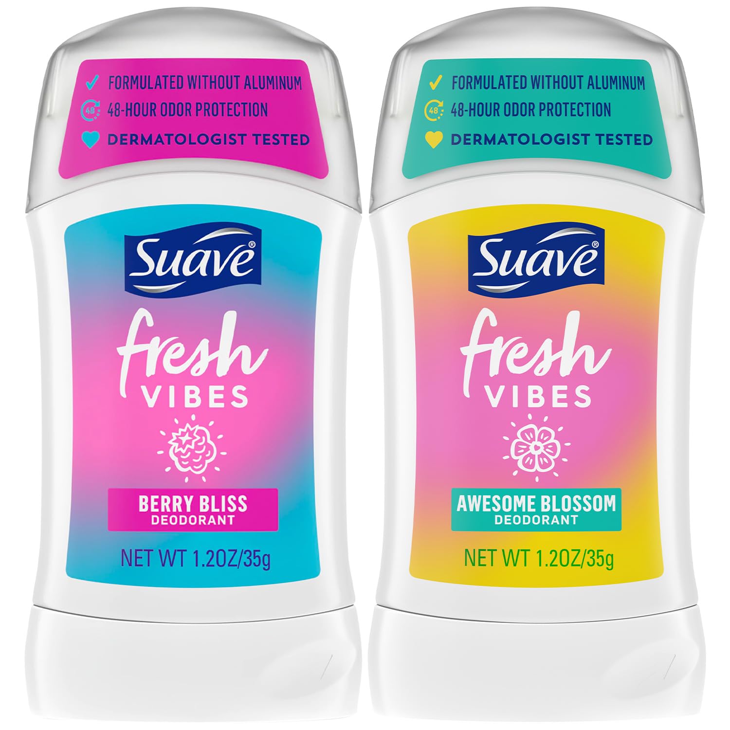 Suave Aluminum-Free Deodorant Fresh Vibes Berry Bliss & Awesome Blossom for Kids & Teen Girls - 48H Protection, 1.2 Oz E